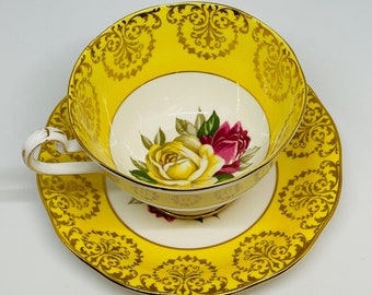 Queen Anne Yellow Dark Pink Roses Gold  Vintage Teacup Set