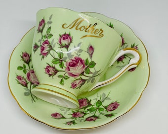 Queen Anne Mother Green Pink Roses Vintage Teacup