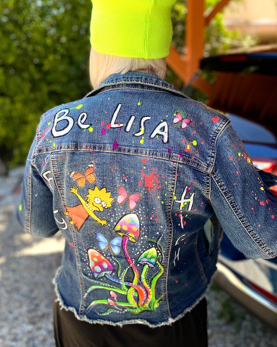 Custom Painted Size M Denim Jacket - Lisa Simpson/ Mushrooms