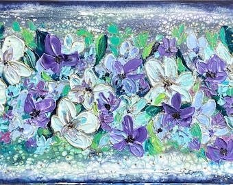 May include: A painting of a floral arrangement with white, purple, and blue flowers on a dark blue background.