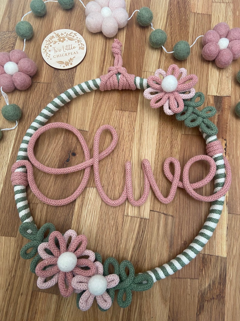 Sage green and blush pink name hoop with handmade flower details. image 1