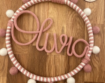 Blush pink and winter white name hoop with blush writing