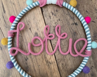 Seaspray, winter white and blossom pink personalised name hoop