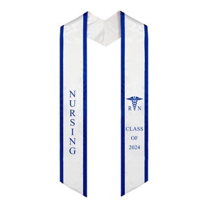 Nurse Graduation Stole for Nursing Class of 2024, RN sash nurses with medical logo Embroidery White/ Blue trim