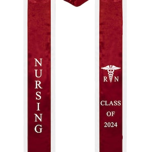 Étole de remise des diplômes d'infirmière pour la promotion d'infirmières de 2024, infirmière à ceinture avec logo médical brodé Burgundy/ White trim