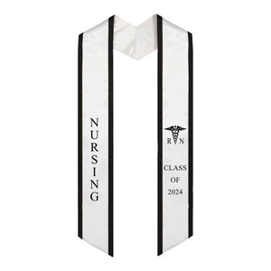 Nurse Graduation Stole for Nursing Class of 2024, RN sash nurses with medical logo Embroidery White/ Black trim