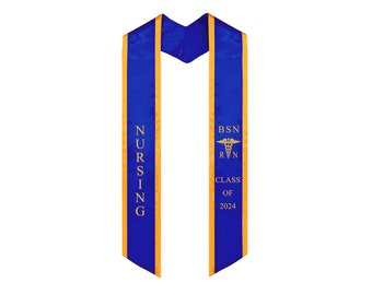 Customized Nurse stole 2024 Embroidery Nursing Graduating Class of 2024, BSN RN sash nurses with medical logo Blue with gold trim