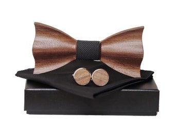 Black Wooden bow tie - cufflinks and pocket square in a gift box / bow tie for wedding