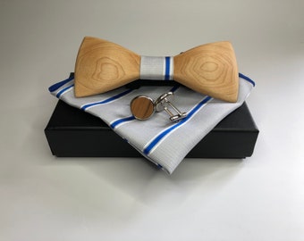 Noeud papillon en bois - boutons de manchette et carré de poche dans une boîte cadeau / noeud papillon pour le mariage