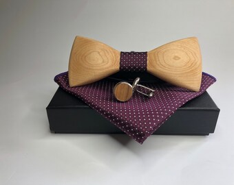 Wooden bow tie - cufflinks and pocket square in a gift box / bow tie for wedding