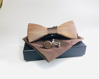 Wooden bow tie - cufflinks and pocket square in a gift box / bow tie for wedding