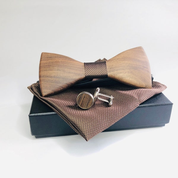 Wooden bow tie - cufflinks and pocket square in a gift box / bow tie for wedding