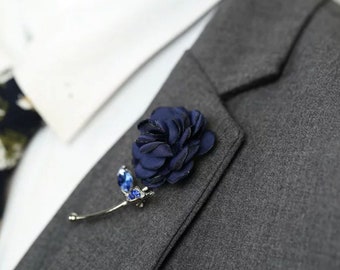 Blue Brooch Flower Lapel Pin Men Women Fabric Rose Brooches Wedding Party