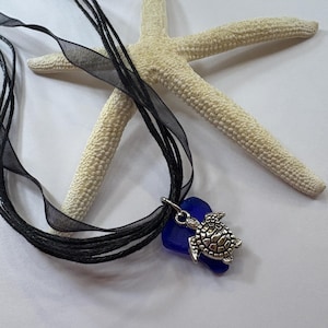 Sea Glass Turtle charm Necklace – Blue Sea Glass Pendant on Black Ribbon & Cord Choker – Ocean-Inspired Jewellery , Beach Lover Gift