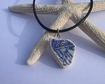 Blue & White Sea Pottery Necklace – Coastal Beach Pendant