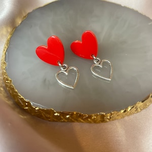 Red Acrylic Heart Stud Earrings: Silver Tone Double Heart