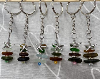 Handmade Cornish Sea Glass Keyring, Starfish Charm, Coastal Accessory