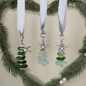 Handmade stacked Sea Glass Christmas Tree Decoration, Starfish Charm