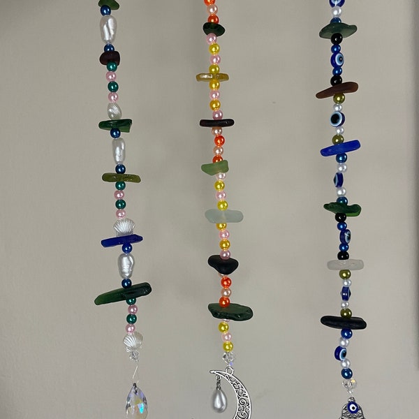 Sea glass sun catchers . Hanging ornaments. Sun mobiles