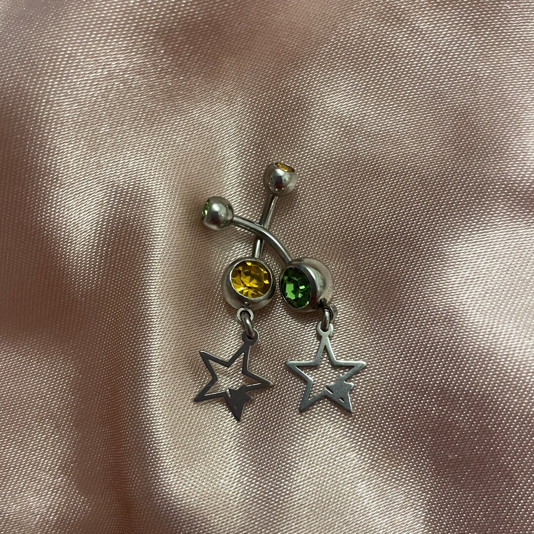 SILVER 14G CZ DOUBLE STAR DROP BELLY BAR main image 1