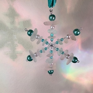 Sea Glass Snowflake Ornament, Beaded Christmas Decoration, Handmade