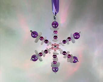 Purple Beaded Sea Glass Snowflake Ornament, Handmade Christmas Decoration