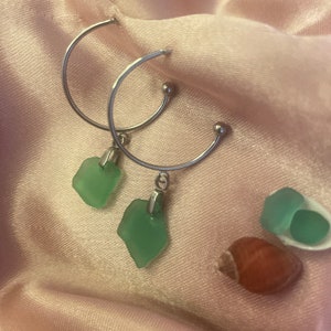 Italian green teal Seaglass hoop earrings