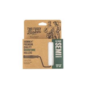 May include: A 10-pack of 100mm premium quality microfibre rollers in brown cardboard packaging. The box features the text Two Fussy Blokes, 100MM/4 inch, and 10MM NAP 3/8 inch NAP. An illustration of two workers and a paint roller handle are printed on the front.