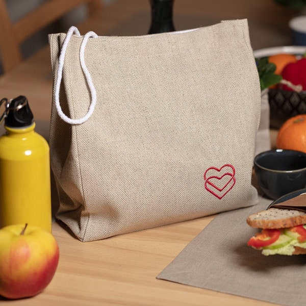 Lunch box in lino di colore naturale. 100% ecologico e zero sprechi. Grande borsa da pranzo in stile boho, zero sprechi.