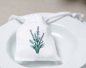 Sac en lin vide blanc brodé lavande pochette sachet sacs lavandula provance fait à la main pour la lavande sèche pour placard cadeau de mariage
