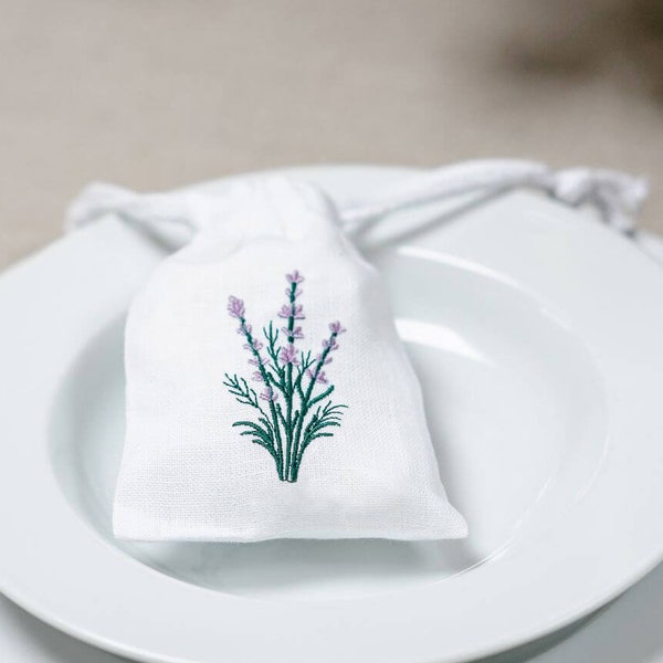 White empty linen bag embroidered lavender pouch sachet bags lavandula provance handmade for dry lavender for closet wedding gift