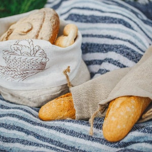 CONJUNTO - Saco / alforje / cesto para pão de linho premium + saco baguete 70 cm