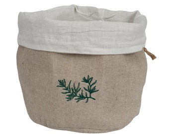 Soft linen bread basket with lining, two-layer, ECO, ZERO WASTE, natural linen. Embroidery: herbs.