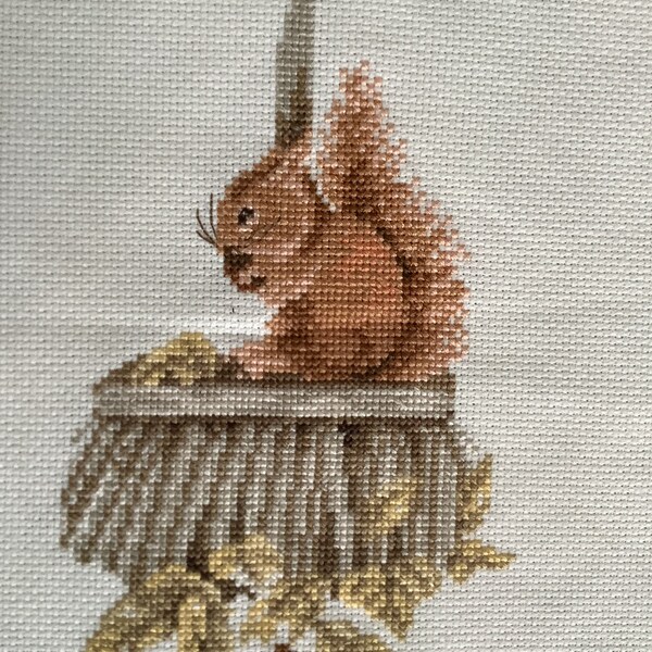 Finished Vintage Brown Squirrel. Fabric measures 14” x 12”. Design measures 8” tall x 5” wide.