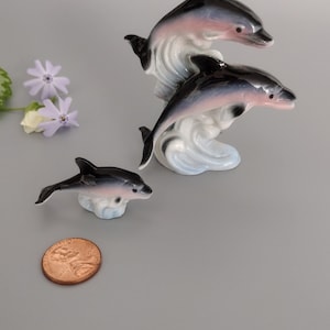 Vintage Porcelain/Bone China Miniature Blue  Dolphin family of 3. Mama and Papa (3&quot; tall)  swimming together with baby