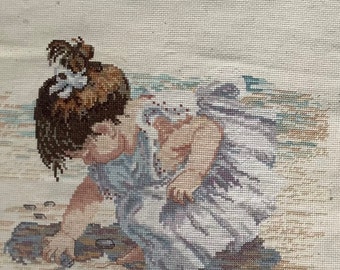 Vintage Finished Vintage Janlynn Collecting Shells Beach Coastal Completed Counted Cross Stitch. Child at the Beach.