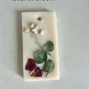 May include: A rectangular, off-white wax melt with the text "Scarlet Bloom." The wax melt is decorated with dried red petals, green leaves, and small white flowers. It has a hole at the top for hanging.