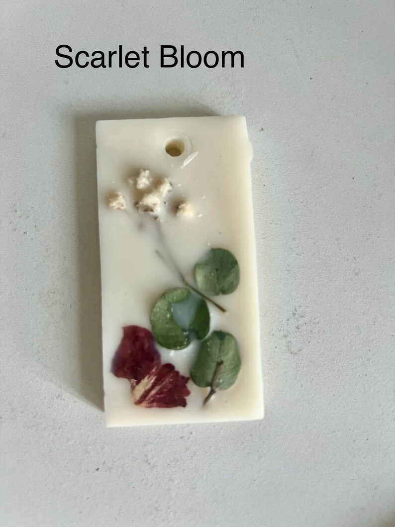 May include: A rectangular, off-white wax melt with the text "Scarlet Bloom." The wax melt is decorated with dried red petals, green leaves, and small white flowers. It has a hole at the top for hanging.