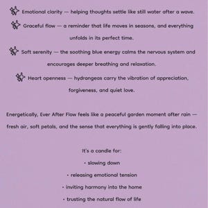 May include: A lavender-colored card titled "Ever After Glow Energy Card" with text describing emotional clarity, graceful flow, soft serenity, and heart openness. The card lists what the candle is for and a reminder.