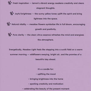 May include: A lavender-colored Meadowlight Energy Card with text describing the candle's benefits: fresh inspiration, joyful brightness, natural vitality, and pure clarity. It's for uplifting the mood, bringing brightness, sparking creativity, and celebrating the moment.