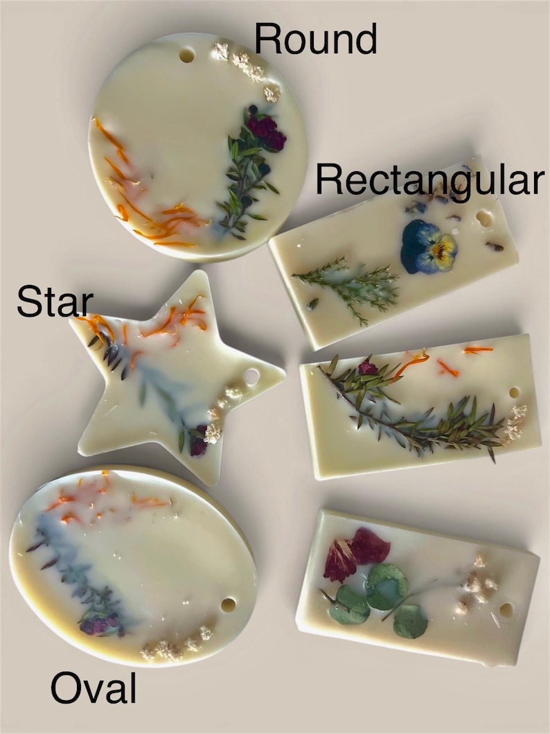 May include: Assortment of cream-colored wax melts in round, rectangular, star, and oval shapes. Each melt is decorated with dried flowers and botanicals. The shapes have small holes for hanging. The word "Round", "Rectangular", "Star", and "Oval" are written on the image.
