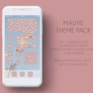 May include: A phone screen mockup displaying a mauve-coloured phone theme pack with 120+ unique icons, 30 widget images, zodiac symbol widget images, 6 wallpapers, and matching Apple watch wallpapers. The text "Keep it simple" is visible on the phone screen.