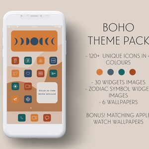 May include: A phone screen mockup showing a boho themed phone icon pack with a variety of icons in orange, teal, and blue. The text "BOHO THEME PACK" is displayed above the phone screen. The text "120+ UNIQUE ICONS IN 4 COLOURS" is displayed below the phone screen. The text "FEAR IS THE MIND KILLER" is displayed on one of the icons.
