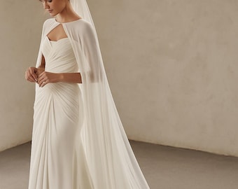 Bridal Silk Chiffon Cape – Long Wedding Capelet with Train, Sheer Bridal Cover-Up, Cathedral Cape for Strapless Dress, Shoulder Shawl