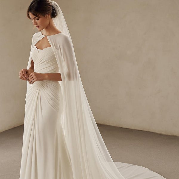 Bridal Silk Chiffon Cape – Long Wedding Capelet with Train, Sheer Bridal Cover-Up, Cathedral Cape for Strapless Dress, Shoulder Shawl