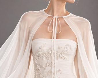 Bridal Silk Chiffon Cape – Long Wedding Capelet with Train, Sheer Bridal Cover-Up, Cathedral Cape for Strapless Dress, Shoulder Shawl