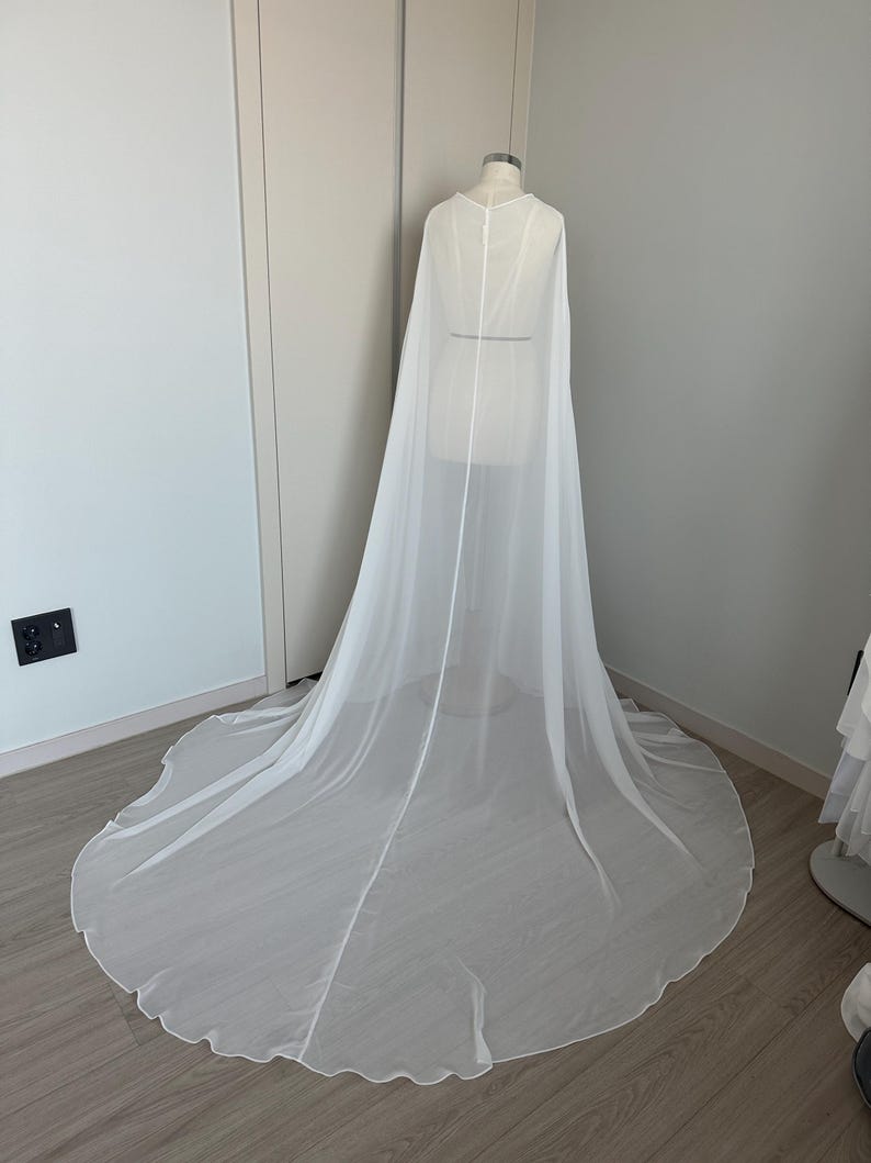 Bridal Silk Chiffon Cape – Long Wedding Capelet with Train, Sheer Bridal Cover-Up, Cathedral Cape for Strapless Dress, Shoulder Shawl image 5