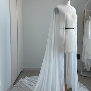 Bridal Silk Chiffon Cape – Long Wedding Capelet with Train, Sheer Bridal Cover-Up, Cathedral Cape for Strapless Dress, Shoulder Shawl image 4