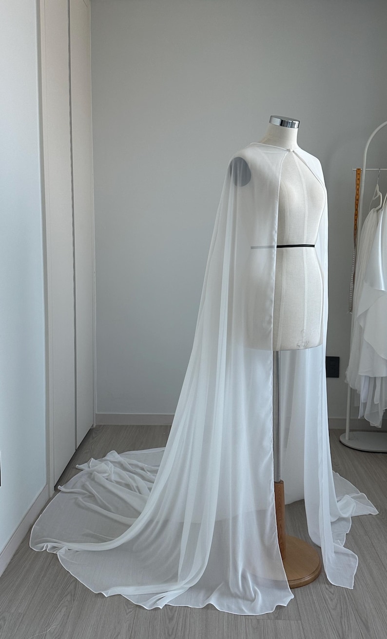 Bridal Silk Chiffon Cape – Long Wedding Capelet with Train, Sheer Bridal Cover-Up, Cathedral Cape for Strapless Dress, Shoulder Shawl image 4