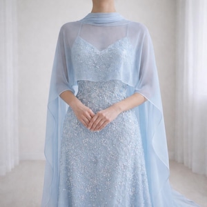 May include: A light blue floor-length gown featuring a sweetheart neckline and spaghetti straps, adorned with intricate silver beadwork and floral embroidery. A sheer, flowing chiffon capelet in a matching light blue hue drapes over the shoulders.
